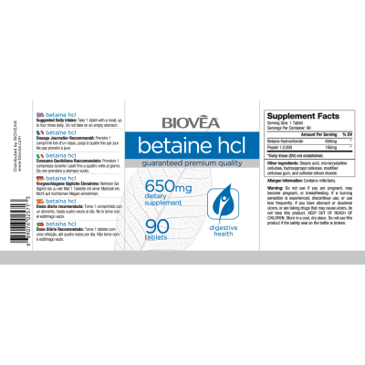 Бетаин Хидрохлорид HCL 650 мг 90 таблетки | Biovea За по-добро храносмилане Източник на солна киселина Помага за храносмилането на храни, богати на протеини Бетаин хидрохлорид таблетки от Biovea  Бетаин Хидрохлорид HCL 650 мг 90 таблетки | Biovea За по-до