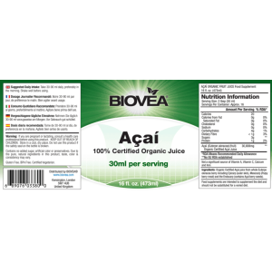 100% Органичен сок от Акай (Acai Juice) на Биовеа Шишенцето е достатъчно за 16 дневна употреба по 30 мл на ден. Съдейства за намаляване на теглото и отслабване Една от най-питателните храни в света Мощен 100% Органичен сок от Акай (Acai Juice) на Биовеа Ш