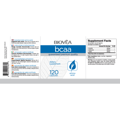 BCAA (Верижно разклонени аминокиселини) 120 капсули / 30-45 дни | Biovea Повишава силата и издръжливостта по време на тренировка Поддържа и стимулира растежа на скелетната мускулатура Приемът преди и сле BCAA (Верижно разклонени аминокиселини) 120 капсули