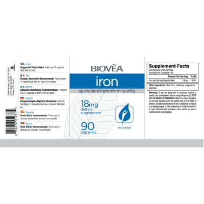 Желязо (Iron) 18 мг/90 капсули | Biovea Biovea Iron (желязо) на капсули е жизненоважно хранително вещество на страхотна цена, което играе съществена роля във формирането на здрави червени кръвни клетки и тра Желязо (Iron) 18 мг/90 капсули | Biovea Biovea 