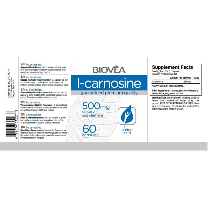 L-Carnosine 500 мг 60 капсули | 60 дни | Biovea L-Carnosine 500 мг 60 капсули от Biovea - подобрява цялостното здраве и дълголетие. L-Carnosine 500 мг 60 капсули от Biovea - подобрява цялостното здраве и дълголетие. Повишава издръжливостта Придава мускулна сила Помага при гастрит Подсилва имунната система Л-Карнозин капсу L-Carnosine 500 мг 60 капсули от Biovea - подобрява цялостното
