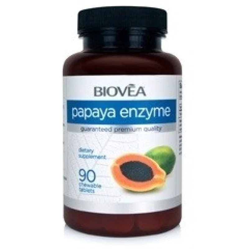 Папая Ензим (Papaya Enzyme) 90 дъвчащи таблетки на Biovea.  Всяка таблетка Папая Ензим на Biovea съдържа 500 мг Папаин, което е около 10 пъти повече от масовата хранителна добавка Папая ензим, позната на пазара у Папая Ензим (Papaya Enzyme) 90 дъвчащи таб
