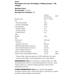 Norwegian Cod Liver Oil 1000 мг Lemon Flavored 180 гел-капсули | Osavi