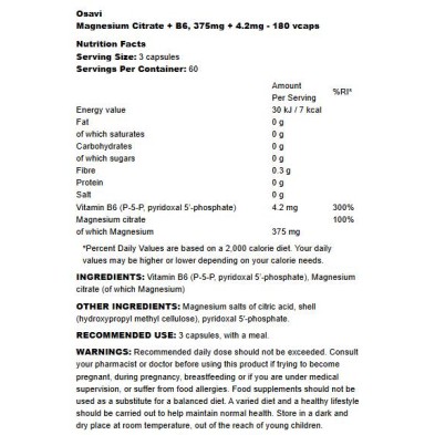 Magnesium Citrate 375 мг + B6 P-5-P 180 капсули | Osavi