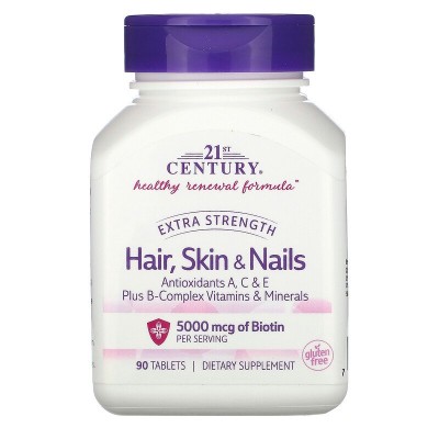 Hair, Skin & Nails Extra Strength 90 таблетки | 21st Century Какво представлява Hair, Skin & Nails Extra Strength? Hair, Skin & Nails Extra Strength 90 Tablets 21st Century е мултивитамин на топ це Hair, Skin & Nails Extra Strength 90 табл