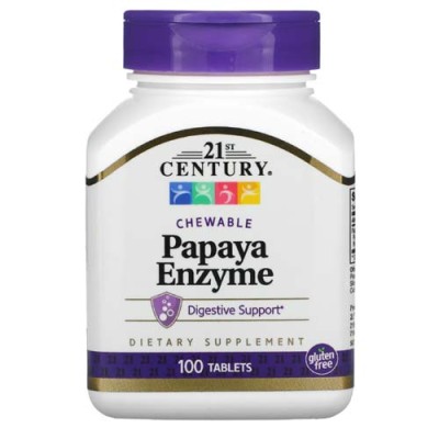Papaya Enzyme 100 дъвчащи таблетки | 21st Century Смес от естествени протеолитични ензими По-добро усвояване на хранителните вещества Подобрява процесите на храносмилане на протеини Висока ензимна активнос Papaya Enzyme 100 дъвчащи таблетки | 21st Century