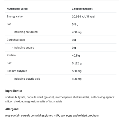 Sodium Butyrate 500 мг 100 капсули | Allnutrition