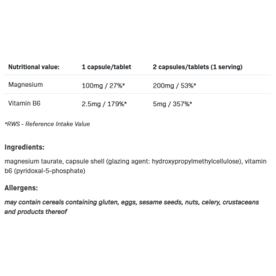 Magnesium Taurate + B6 100 капсули | Allnutrition