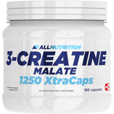 Allnutrition 3-Creatine Malate 1250: • Комбинацията на креатин и ябълчена киселина • Най-качествения креатин малат с нова подобрена формула • С допълнение с таурин и витамин B6 • Подпомага увеличението на силата • Стимул