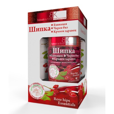Rose Hips Essentials 500 мг 60 капсули | Balevski & Kirov Повишава силата и активността на имунната система Поддържа нормалния метаболизъм на организма Оказва благоприятно влияние върху стомашно-чревния т Rose Hips Essentials 500 мг 60 капсули | Balev