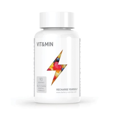 Vit&Min 90 капсули | Battery Nutrition Укрепва имунната система Подобрява издръжливостта и повишава мотивацията Специално проектиран за физически активни хора 100% телешки желатинови капсули Vit&amp Vit&Min 90 капсули | Battery Nutrition Укреп