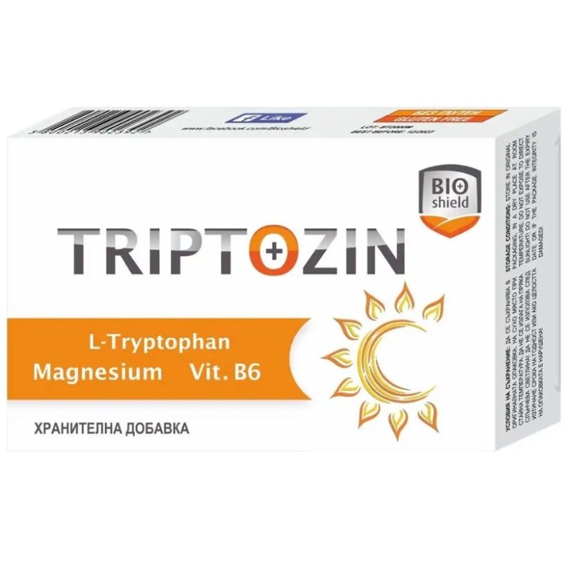 Triptozin 30 таблетки | BioShield Помага при стрес, напрежение, депресия и безсъние За постигане на по-добро настроение и качествен сън Благоприятства състояния като отпадналост и умора, липса на енергия и ап Triptozin 30 таблетки | BioShield Помага при с