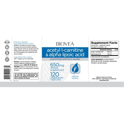 Acetyl L-Carnitine & Alpha Lipoic Acid 650 мг 120 веге капсули | Biovea Регулира нивата на кръвната захар Облекчава болката и възпалението Грижи се за имунната система и здравето на черния Ви дроб Ацет Acetyl L-Carnitine & Alpha Lipoic Acid 650 мг