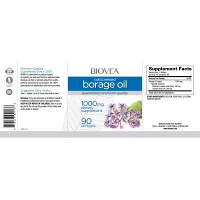 Borage Oil 1000 мг 90 гел-капсули | Biovea Подпомага здравата функция на ставите Поддържа гъвкавостта на клетъчните мембрани Подпомага надбъбречното здраве Помага за предотвратяване образуването на кръвни Borage Oil 1000 мг 90 гел-капсули | Biovea Подпома