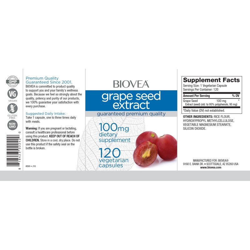 Grape Seed Extract 100 мг 120 веге капсули | Biovea Grape Seed Extract 100 мг 120 веге капсули | BioveaПредпазва от образуване на увреждания, причинени от свободните радикали
Грижи се за здравето на сърцето и регулира нивата на холестерол
Подпо Grape Seed Extract 100 мг 120 веге капсули | Biovea Предпазва от образуване на увреждания, причинени от свободните радикали Грижи се за здравето на сърцето и регулира нивата на холестерол Подпомага по-бъ Grape Seed Extract 100 мг 120 веге капсули | Biovea