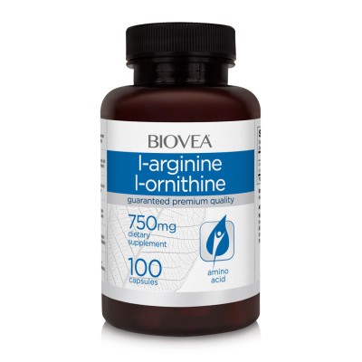L-Arginine/L-Ornithine 750 мг 100 капсули | Biovea  Изцяло натурален продукт Грижи се за големината на мускулната маса Успешно държи кръвното Ви налягане в нормални граници L-Аргинин/L-Орнитин на капс L-Arginine/L-Ornithine 750 мг 100 капсули | Biovea  Из