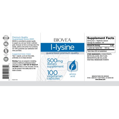 L-Lysine 500 мг 100 вегетариански капсули | Biovea Напълно естествен продукт, който доставя незаменимата аминокиселина лизин на организма Грижи се за доброто здраве Регулира нивата на холестерол в кръвта L L-Lysine 500 мг 100 вегетариански капсули | Biove