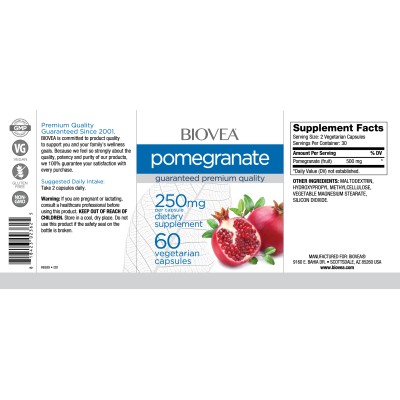 Pomegranate 250 мг 60 вегетариански капсули | Biovea Мощен антиоксидант Стимулира имунната система и доброто здраве Действа успешно срещу образуването на кръвни съсиреци Регулира нивата на лошия холестерол Pomegranate 250 мг 60 вегетариански капсули | Bio