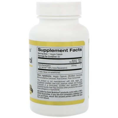 Ресвератрол 200 мг 60 капсули I California Gold Nutrition Притежава противораково въздействие Предпазва от сърдечно-съдови патологии Намалява количеството холестерол Има противовъзпалителен ефект Ресвератрол 200 мг 60 капсули I California Gold Nutrition П