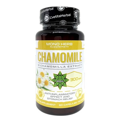 Chamomile 300 мг 60 капсули | Cvetita Herbal Облекчава раздразнения и подут корем Действа успокояващо и релаксиращо Стимулира доброто настроение Регулира нивата на кръвната захар Лайка 300 мг на капсули Chamomile 300 мг 60 капсули | Cvetita Herbal Облекча