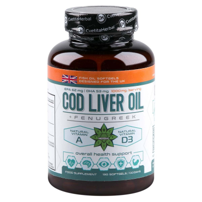 Cod Liver Oil + Fenugreek 1000 мг 130 гел-капсули | Cvetita Herbal  Изцяло естествен продукт Благоприятства и се грижи за здравето Ви Заздравява костната система Богат и сигурен източник на витамин Д Cod Liver Oil + Fenugreek 1000 мг 130 гел-капсули | Cve