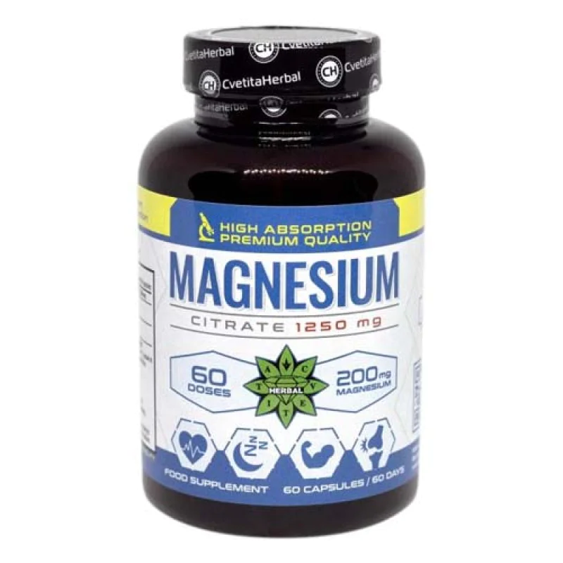 Magnesium Citrate 1250 мг 60 капсули | Cvetita Herbal При поява на мускулни схващания (крампи), стрес и умора Поддържа здрава костна система и се грижи за здравината на зъбите Подпомага сърдечната функция Magnesium Citrate 1250 мг 60 капсули | Cvetita Her