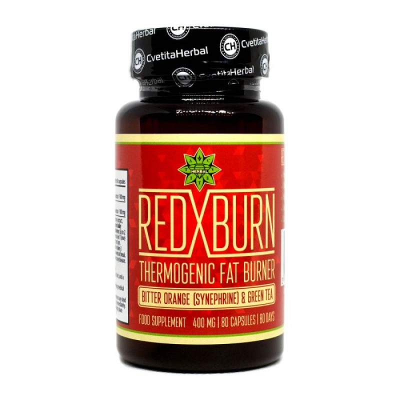 Red X Burn (Горчив Портокал и Зелен Чай) 400 мг 80 капсули | Cvetita Herbal Притежава широка гама от здравословни свойства Стимулира здравословното отслабване Грижи се за добрата фигура Red X Burn Термоген Red X Burn (Горчив Портокал и Зелен Чай) 400 мг 8
