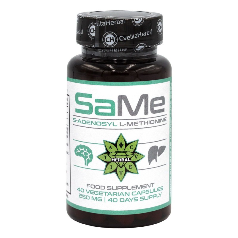 SAMe S-adenosyl L-methionine 250 мг 40 веге капсули | Cvetita Herbal Помага за регулиране на емоционалното състояние и адаптиране към стресови ситуации Действа ефективно при болка в ставите и повишава тяхната мо SAMe S-adenosyl L-methionine 250 мг 40 веге