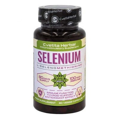 Selenium (L-selenomethionine) 100 мкг 80 капсули | Cvetita Herbal Полезен за функциите на щитовидната жлеза Укрепва защитните механизми на организма Превенция на безплодието при мъжете Силен антиоксидантен Selenium (L-selenomethionine) 100 мкг 80 капсули 