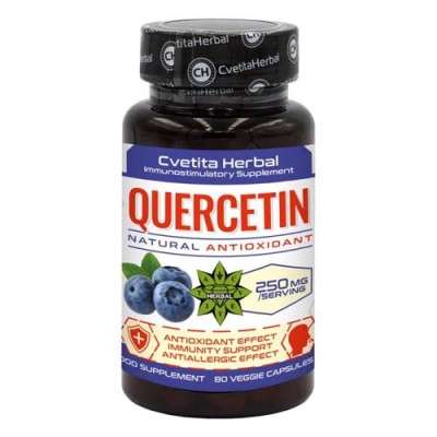 Quercetin Natural Antioxidant 250 мг 80 капсули | Cvetita Herbal Има противовъзпалителен и укрепващи ефект върху цялото тяло Подпомага профилактиката на сърдечно-съдовите заболявания Намалява тежестта на алер Quercetin Natural Antioxidant 250 мг 80 капсул