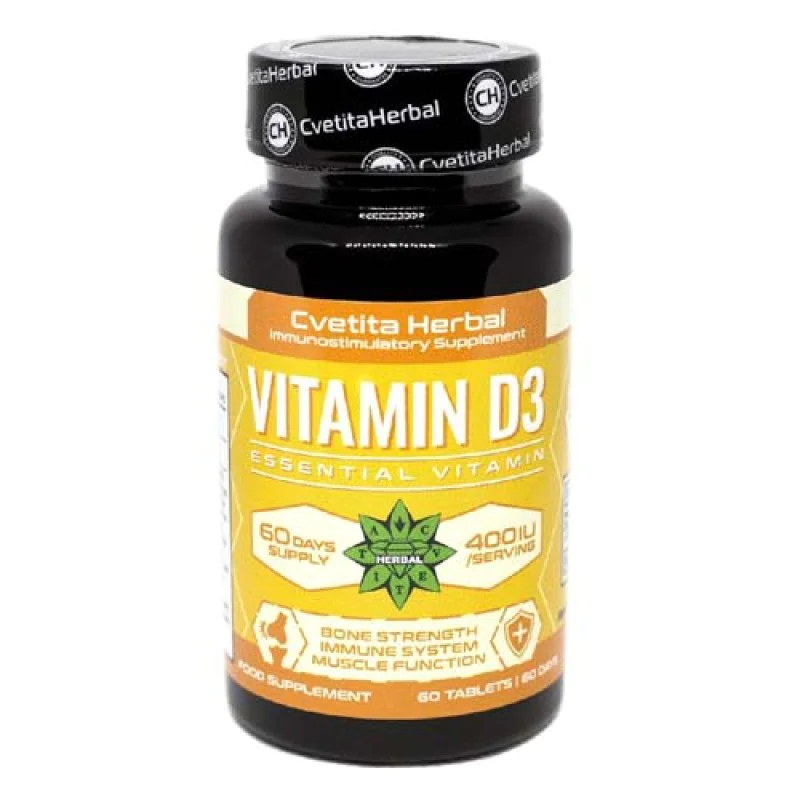 Vitamin D3 400 IU 60 таблетки | Cvetita Herbal Имуномодулиращи свойства Допринася за правилното усвояване на калция Подпомага оптималната костна минерализация Невропротективен ефект Подпомага сърдечно-с Vitamin D3 400 IU 60 таблетки | Cvetita Herbal Имуно