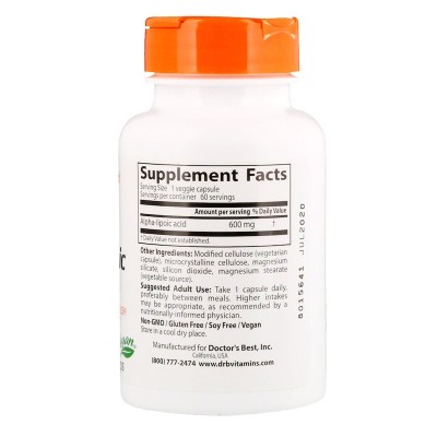 Alpha-Lipoic Acid 600 mg 60 Veggie Caps | Doctors Best Антиоксидант Имуностимулант При диабет, Алцхаймер, кардиомиопатия Подпомага панкреаса и щитовидната жлеза Спомага обмяната на веществата По Alpha-Lipoic Acid 600 mg 60 Veggie Caps | Doctors Best Антио