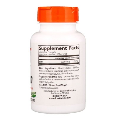 Biotin 5000 mcg 120 веге капсули | Doctors Best Biotin 5000 mcg 120 веге капсули | Doctors BestПонижава съдържанието на холестерол
Повишава хемоглобина
Регулира кръвната захар
Подкрепя здравината на ноктите и косата
Грижи се за структурата Biotin 5000 mcg 120 веге капсули | Doctors Best Понижава съдържанието на холестерол Повишава хемоглобина Регулира кръвната захар Подкрепя здравината на ноктите и косата Грижи се за структурата на к Biotin 5000 mcg 120 веге капсули | Doctors Best Понижава