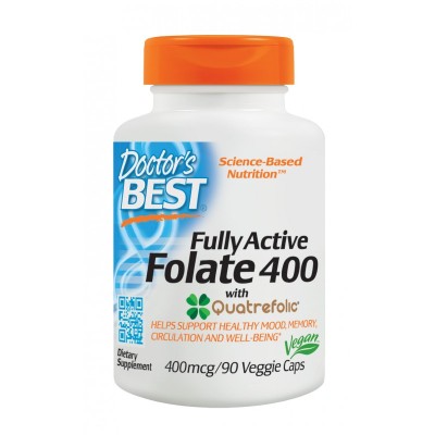 Fully Active Folate (Метил Фолат) 400 мкг 90 вегетариански капсули на Doctors Best Най-високо биоактвна формула на фолат Поддържа общото здраве и паметта Понижава риска от сърдечни за Fully Active Folate (Метил Фолат) 400 мкг 90 вегетариански капсули на D