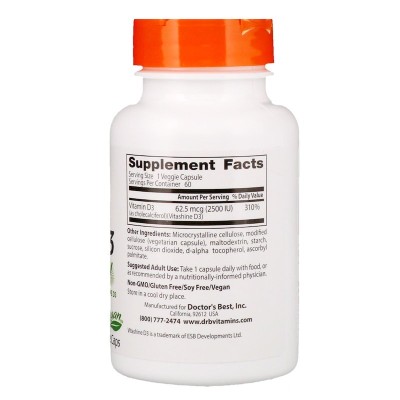 Vegan Vitamin D3 2500 IU 60 веге капсули | Doctors Best При развитие на рахит Против кожни заболявания Срещу остеопороза Спомага обмяната на веществата Има функция на имуностимулатор Vegan Vitamin D3 2500 IU 60 веге капсули | Doctors Best При развитие на 