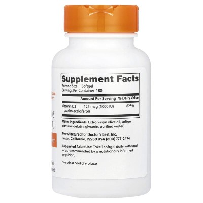 Vitamin D3 5000 IU 180 дражета | Doctor's Best