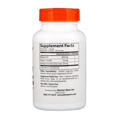 Betaine HCL Pepsin and Gentian Bitters 120 капсули | Doctors Best Понижава хомоцистеиновите нива в тялото Подобрява сърдечните функции При чернодробни нарушения Подпомага здравето на кожата Сп Betaine HCL Pepsin and Gentian Bitters 120 капсули | Doctors B