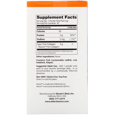 Fish Collagen with Naticol 30 Powder Stick Packs | Doctors Best Подпомага за възстановяване на естествената производителност на колаген Поддържа епидермалното здраве Стопира състаряващите процеси, настъп Fish Collagen with Naticol 30 Powder Stick Packs | 