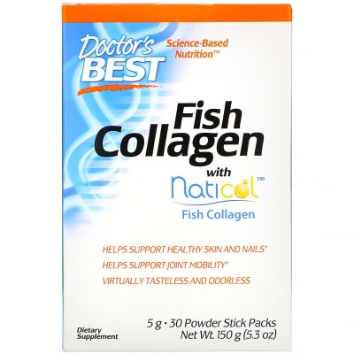 Fish Collagen with Naticol 30 Powder Stick Packs | Doctors Best Подпомага за възстановяване на естествената производителност на колаген Поддържа епидермалното здраве Стопира състаряващите процеси, настъп Fish Collagen with Naticol 30 Powder Stick Packs | 