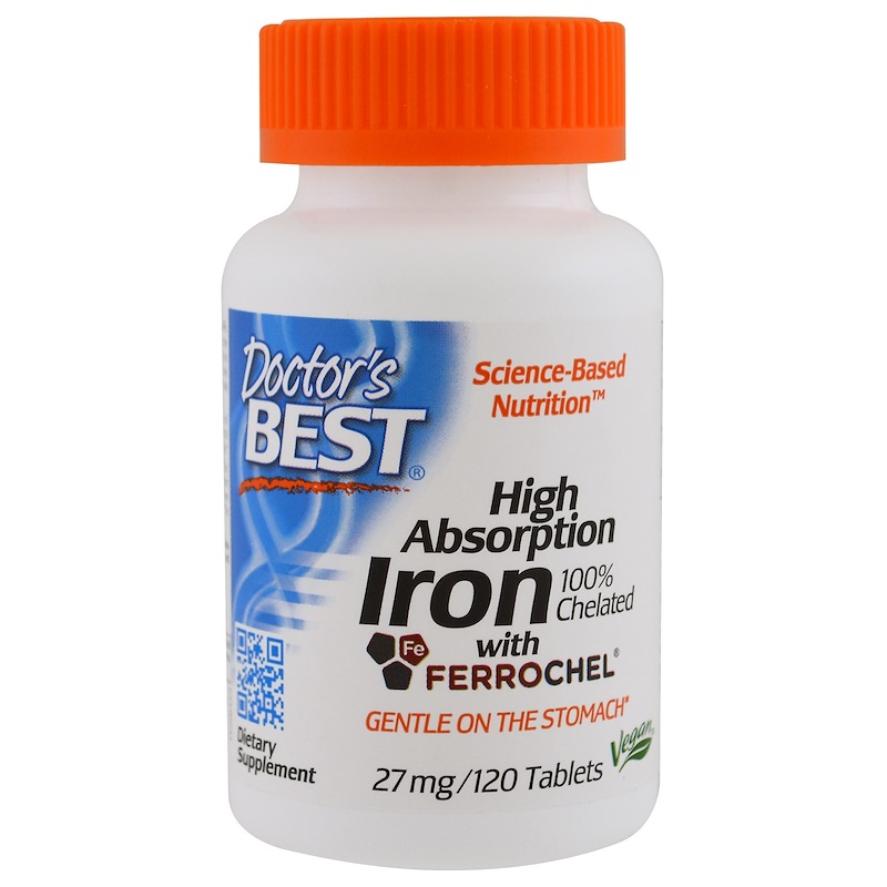 High Absorption Iron With Ferrochel 27 мг 120 таблетки | Doctors Best Изключително добре усвояваща се форма на желязото При проява на анемия Срещу умора, нетрудоспособност поради липса на енергия, слаб и High Absorption Iron With Ferrochel 27 мг 120 табле