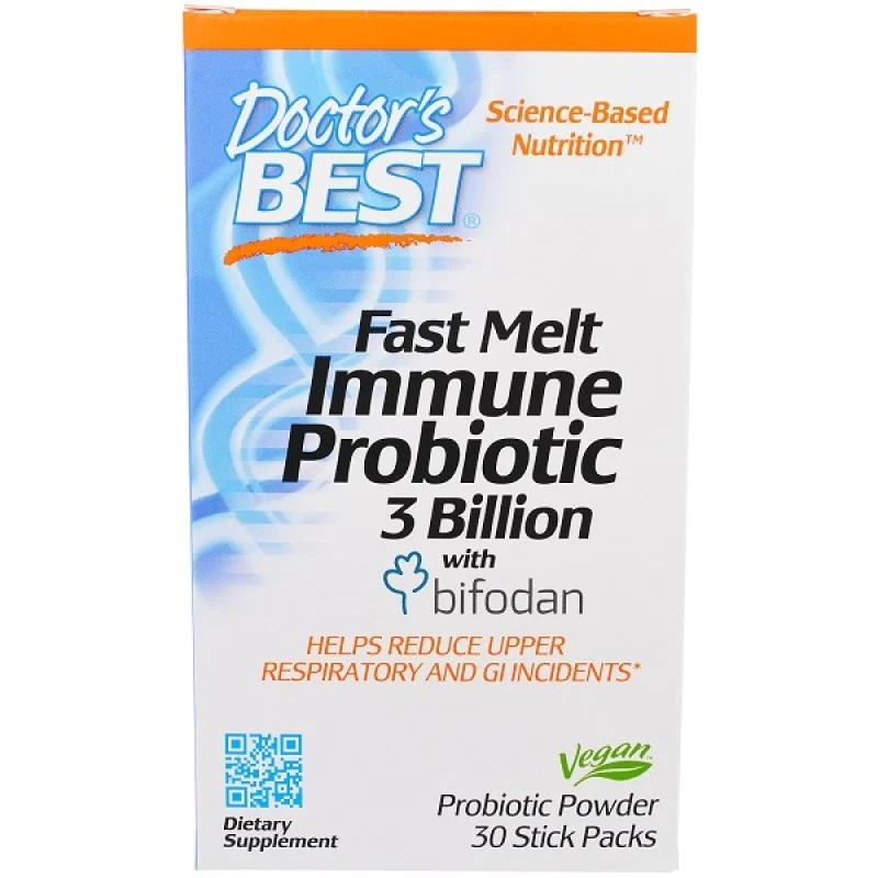 Fast Melt Immune Probiotic 3 Billion with Bifodan 30 Stick Packs I Doctor`s Best Бори се с патогенните бактерии Подобрява състава на микрофлората Срещу дисбактериоза, язва, колит Укрепва имунния статус на Fast Melt Immune Probiotic 3 Billion with Bifodan 
