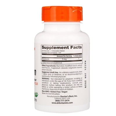 Melatonin Natural Mint Flavor 5 мг 120 дъвчащи таблетки | Doctors Best Подобрява процесите на заспиване Срещу чести пробуждания Помага при безсъние Намалява стреса Подпомага функциите на мозък Melatonin Natural Mint Flavor 5 мг 120 дъвчащи таблетки | Doct