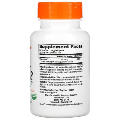 Natural Vitamin K2 45 mcg 60 Veggie Caps | Doctors Best Оптимизира съсирването на кръвта Повишава здравината на костите При остеопороза Подпомага функциите на стомашно-чревния тракт Понижава н Natural Vitamin K2 45 mcg 60 Veggie Caps | Doctors Best Оптими