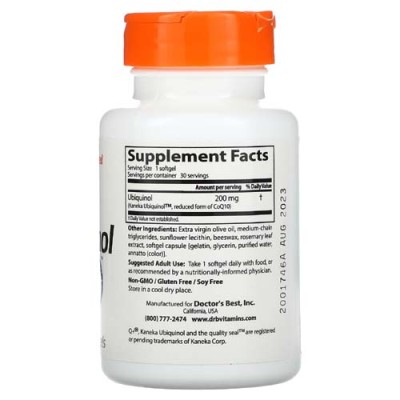 Ubiquinol with Kaneka 200 мг 30 гел-капсули | Doctors Best Подпомага поддържането на митохондриите  Подобрява производството на клетъчна енергия Подпомага поддържането на здрава сърдечна функция Ubiquinol with Kaneka 200 мг 30 гел-капсули | Doctors Best П