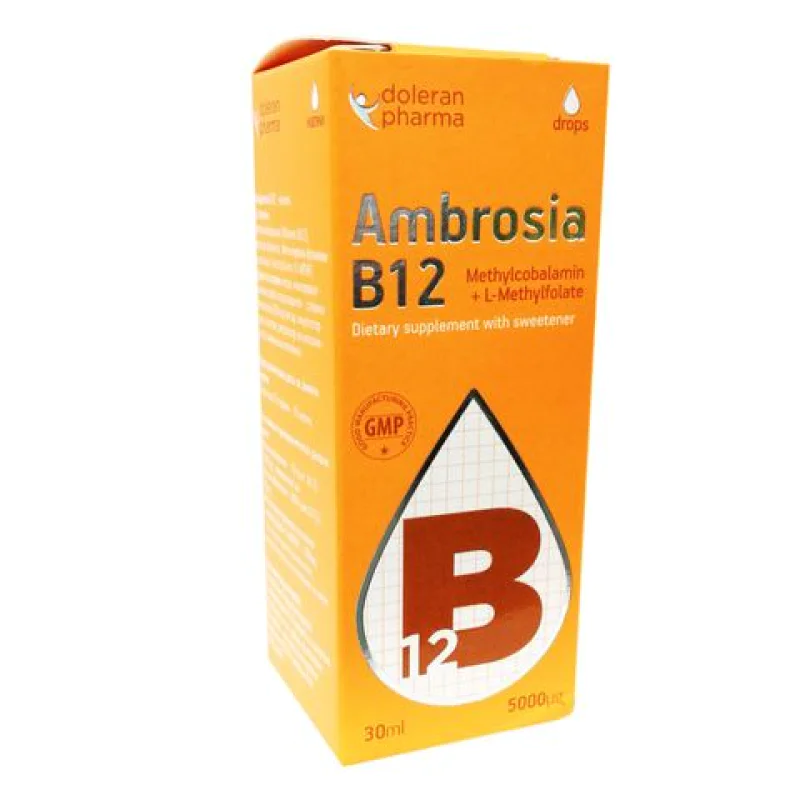Ambrosia B12 - Витамин B12 5000 мкг капки | Doleran Pharma Ambrosia B12 - Витамин B12 5000 мкг капки | Doleran PharmaКомплекс от витамин В12 в биоактивна форма и витамин В9
Оптимален метаболизъм на хомоцистеин
Нормална хематопоеза
Подкрепа за Ambrosia B12 - Витамин B12 5000 мкг капки | Doleran Pharma Комплекс от витамин В12 в биоактивна форма и витамин В9 Оптимален метаболизъм на хомоцистеин Нормална хематопоеза Подкрепа за функционирането на н Ambrosia B12 - Витамин B12 5000 мкг капки | Doler
