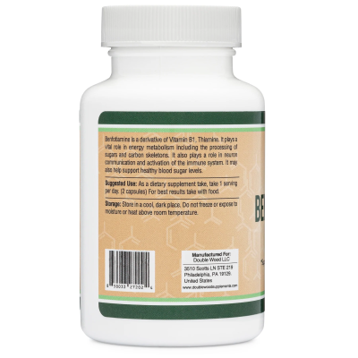 Benfotiamine 150 мг 120 капсули | Double Wood Помага за поддържане на здравословни нива на кръвната глюкоза Компенсира дефицита на витамин В1 (тиамин) Нормализира метаболизма на въглехидратите Подпомага въ Benfotiamine 150 мг 120 капсули | Double Wood Пом