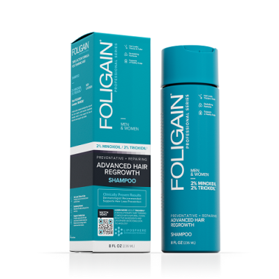 Mens & Womens Advanced Hair Regrowth Shampoo 236 мл | Foligain Подходящ за употреба от мъже и жени Дълбоко подхранващ шампоан против косопад Комбинира клинично доказания миноксидил с триокс Mens & Womens Advanced Hair Regrowth Shampoo 236 мл | Fol