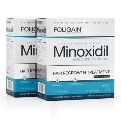 Minoxidil 5% Hair Regrowth Treatment For Men Low Alcohol 3x60 мл | Foligain Мощен 5% миноксидил за хора със сух скалп, чувствителен към алкохола Ефективно спира косопада Стимулира „заспалите” косм Minoxidil 5% Hair Regrowth Treatment For Men Low Alcohol 3