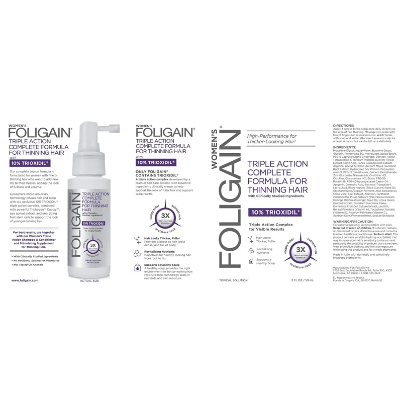 Womens Triple Action Complete Formula for Thinning Hair 10% Trioxidil 59 мл | Foligain Womens Triple Action Complete Formula for Thinning Hair 10% Trioxidil 59 мл | FoligainПротив оредяване на косата и косопад
Заздравява косата, като ѝ придава бл Womens Triple Action Complete Formula for Thinning Hair 10% Trioxidil 59 мл | Foligain Против оредяване на косата и косопад Заздравява косата, като ѝ придава блясък Добър помощник в борбата с оплешивяван Womens Triple Action Complete Formula for Thinning