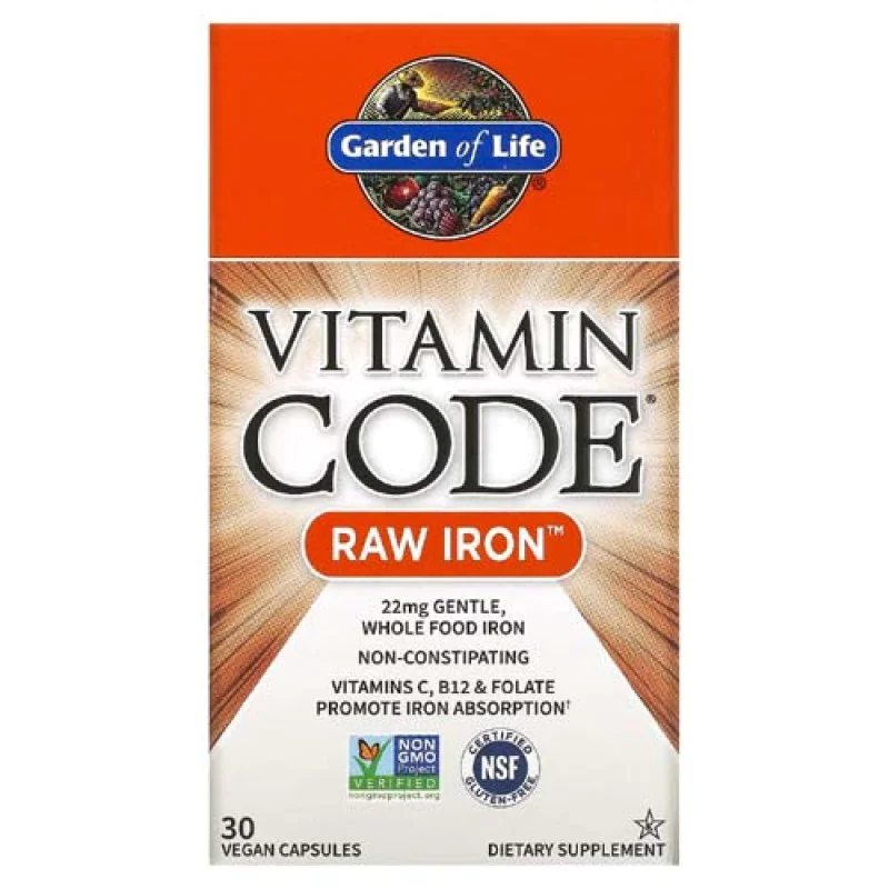 [Vitamin Code Raw Iron 30 веге капсули | Garden of Life Сурова, пълноценна хранителна добавка Не предизвиква запек Насърчава усвояването на желязо Кошер сертификат Vitamin Code Raw Желязо капсули е на от